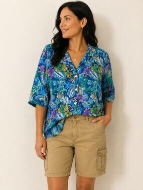 LR4110 Cabrais Womens Tropical Floral Button Front Blouse Blue 2X Linen Blend
